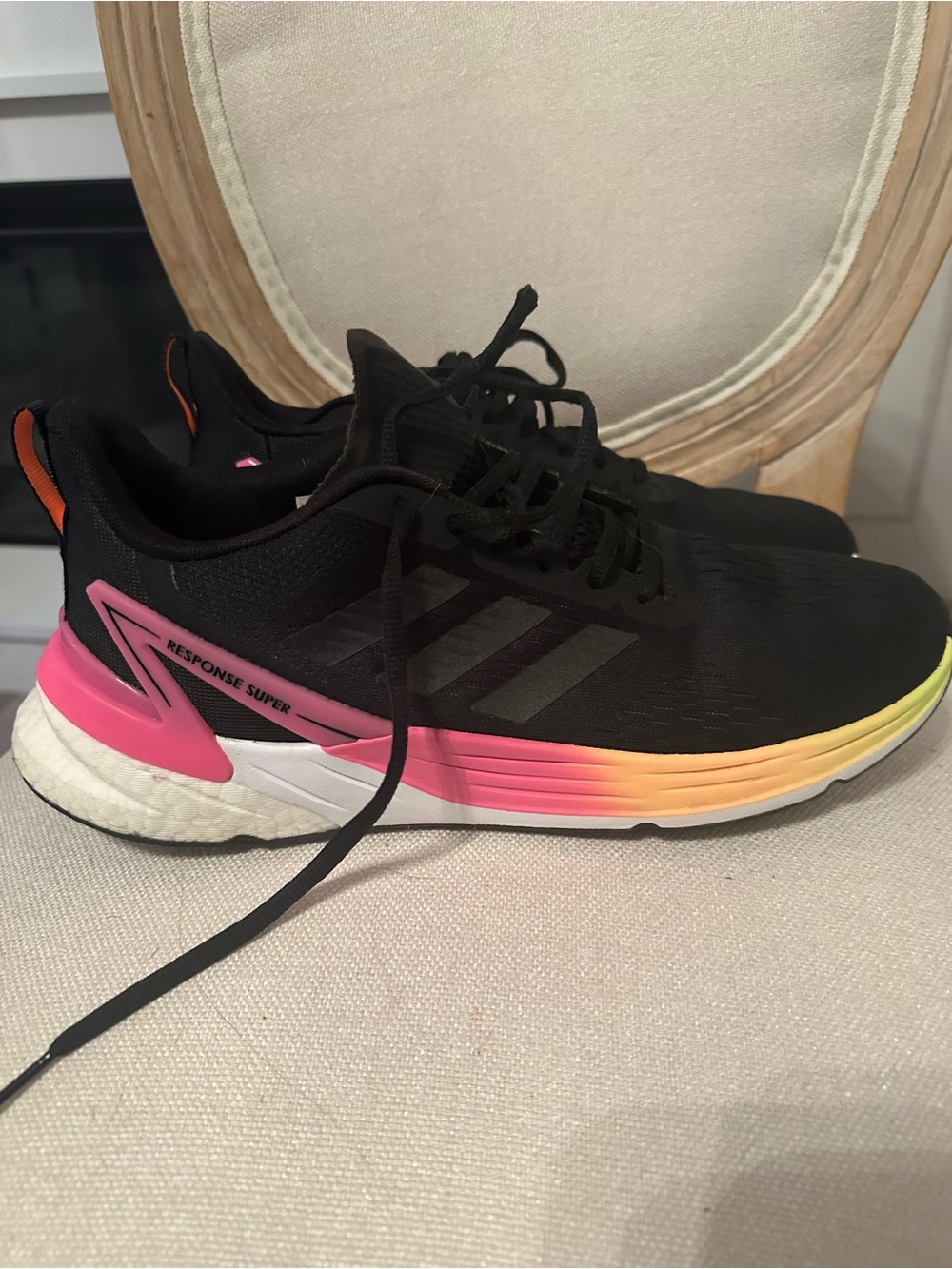 adidas Women's Black Running Shoes with Pink and Yellow Gradient Midsole Accent